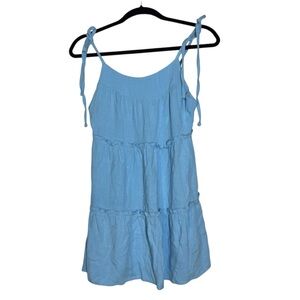 LA Hearts PacSun Mini Dress Linen Blend Tie Back Blue Size XS Ruffle Layer Cute
